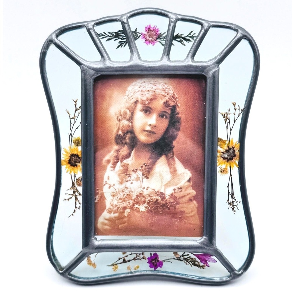 Vintage Pressed Flower Glass Picture Frame Silver Tone Metal Floral‎ Cottagecore